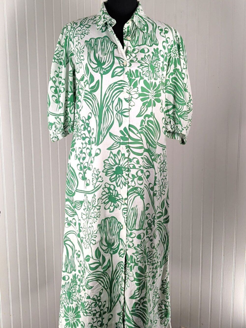 Olivia James The Label Botanical Green & White Puff Sleeve Midi ShirtdressSize S